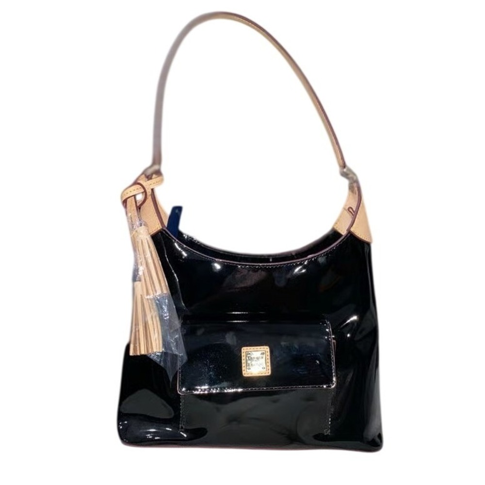 NWT Dooney & Bourke Black Patent Leather Hobo Style Bag Tan Trim Gold‎ Hardware